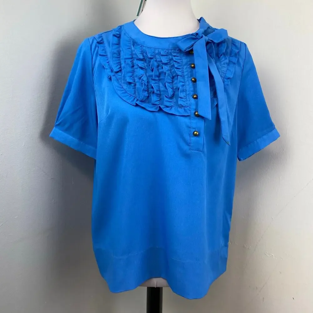 Tulip B Boutique Royal Blue Short Sleeve Ruffle Neck Tie Pussybow Blouse Large